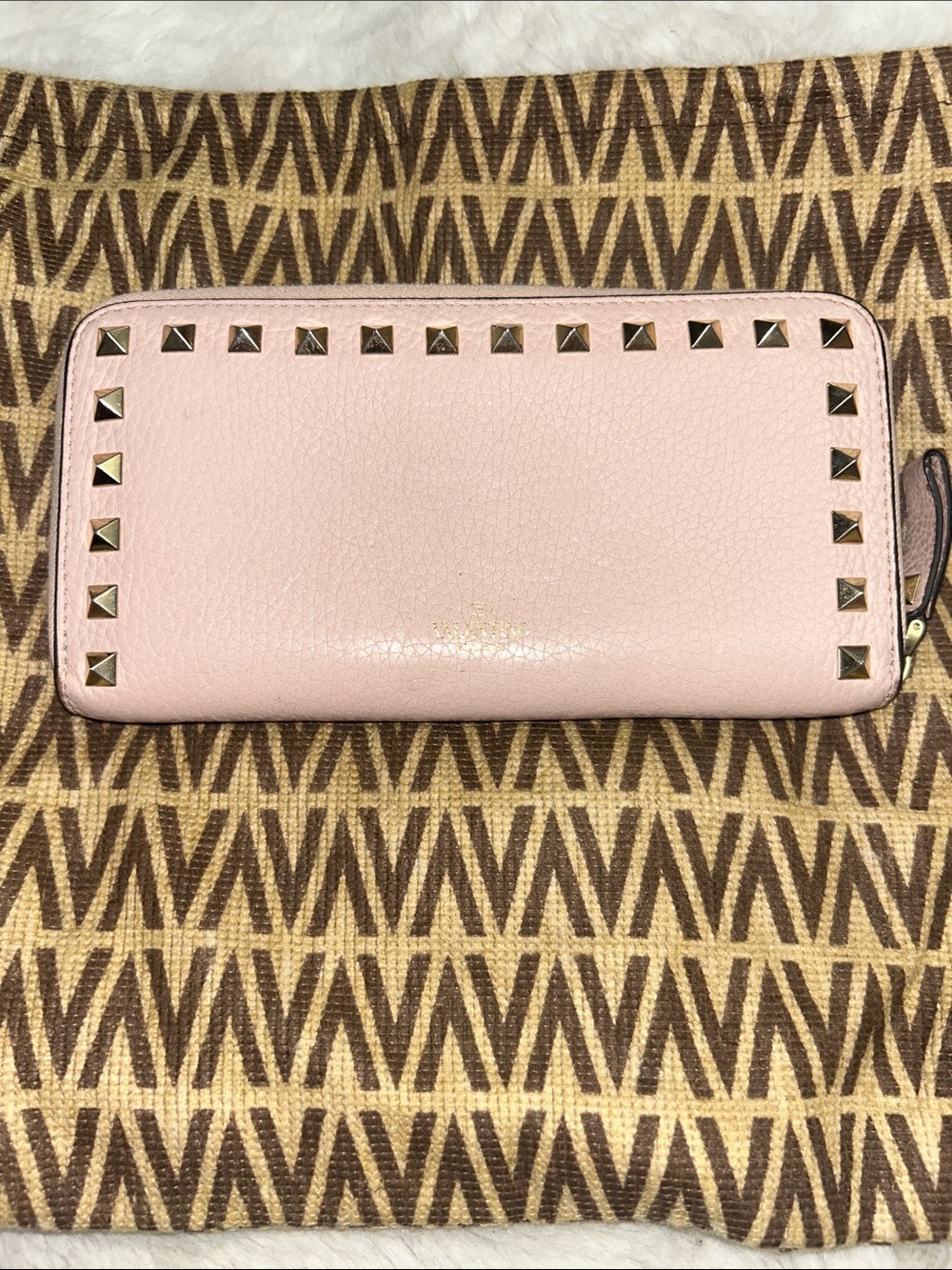 Valentino Garavani pink leather studded long zip around wallet